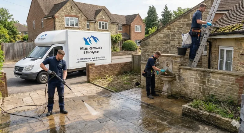Atlas team pressure washing driveway and cleaning gutters